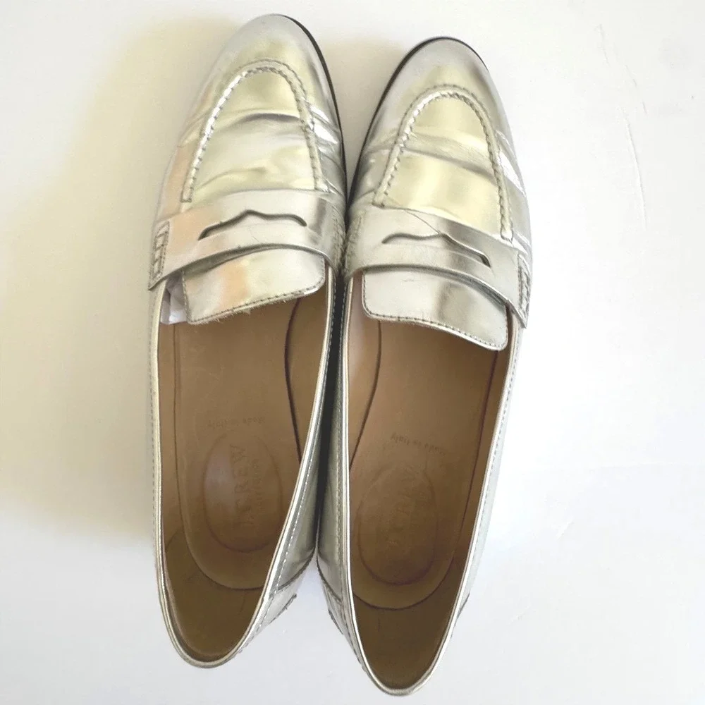 J.Crew Penny Loafers Size 9 Silver Metallic Leather Made in Italy Dark Academia